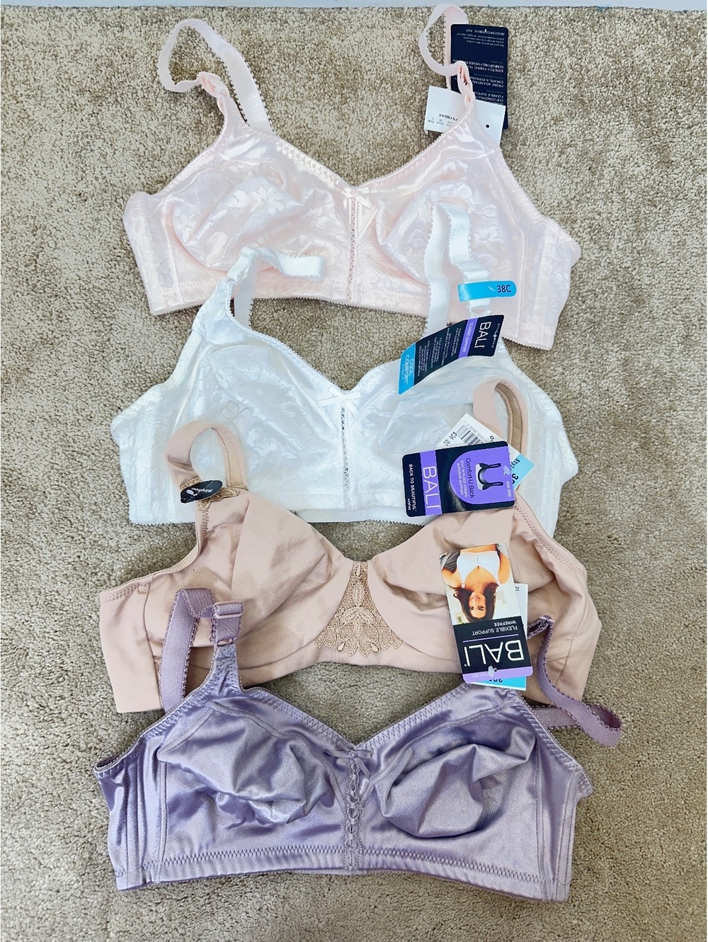 Four New Bali Bras 38C Wire Free Adjustable Strap Hook & Eye Back Cool Comfort